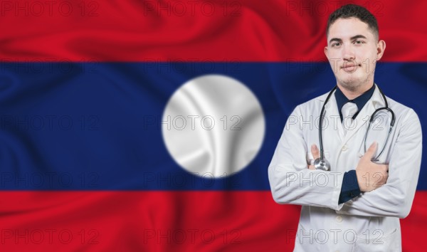 Portrait of medical professional on Laos flag background. Laotian national health system
