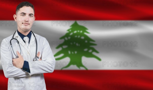 Portrait of medical professional on Lebanon flag background. Lebanese national health system