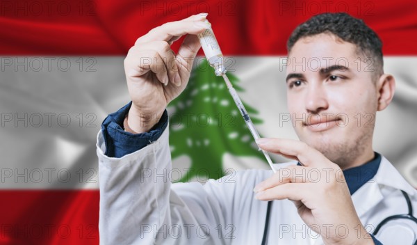 Doctor holding syringe on Lebanon flag background. Medical professional holding syringe with Lebanese flag in the background
