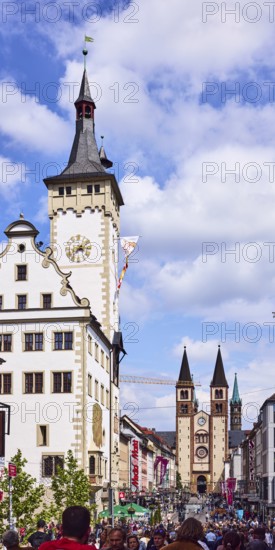 Grafeneckart, town hall tower, historic town hall, Würzburg Cathedral, double tower, general architecture, city center, pedestrian zone, pedestrians as secondary motif, blue sky, cumulus clouds, Domstraße street, Würzburg, Lower Franconia, district-free city, Bavaria, Germany
