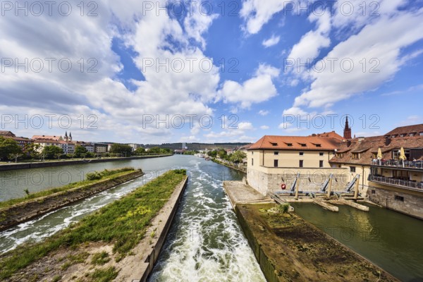 River Main, barrage, general architecture, hilly landscape, forest, total blue sky, cumulus clouds, Würzburg, Lower Franconia, district-free city, Bavaria, Germany