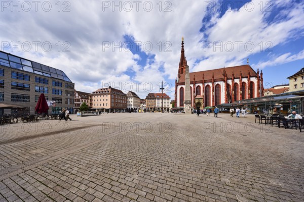 Marienkapelle, chapel, Gothic style, square, general architecture, modern buildings, residential and commercial buildings, catering, outdoor areas, pedestrian zone, pedestrians as a secondary theme, blue sky, cumulus clouds, market square, Unterer Markt, Würzburg, Lower Franconia, district-free city, Bavaria, Germany
