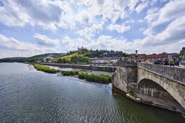 River Main, barrage, Old Main Bridge, pedestrian bridges, bridge, pedestrian zone, general architecture, weir, hill, forest, Marienberg fortress, castle, lantern, back light, total, blue sky, cumulus clouds, Würzburg, Lower Franconia, district-free city, Bavaria, Germany