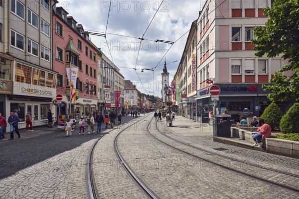 City center, general architecture, residential and commercial buildings, pedestrian zone, Grafeneckart town hall tower, shops, catering, overhead lines, tram tracks, cloudy, blue sky, cumulus clouds, Domstraße, Würzburg, Lower Franconia, district-free city, Bavaria, Germany