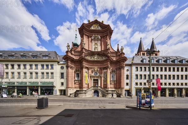 Neumünster church, baroque style, Kilianshaus commercial building and Seisser department store, façade with windows, bookstore Hugendubel GmbH, historic department store, pedestrian zone, Kürschnerhof street, Würzburg, Lower Franconia, district-free city, Bavaria, Germany