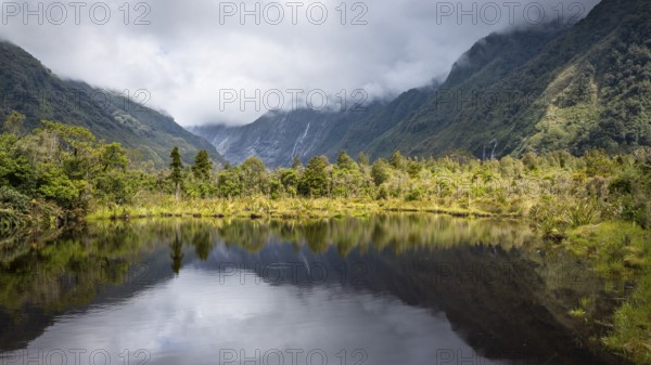 Peter's pool, glacier valley, mountains and glaciers in clouds. Westland Tai Poutini National Park, Franz Josef, Waiau, South Island, New Zealand