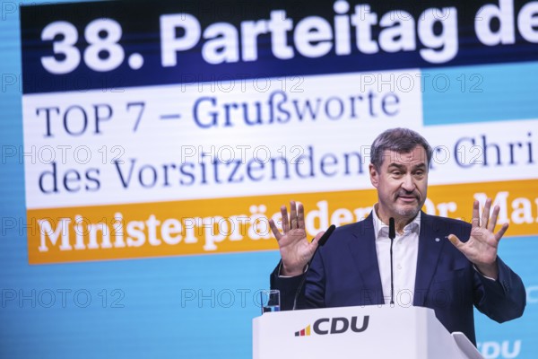 38th Federal Party Congress of the CDU of Germany in Stuttgart. Greetings from Markus Söder, party leader of the sister party CSU and Minister-President of the Free State of Bavaria. Stuttgart, Baden-Württemberg, Germany