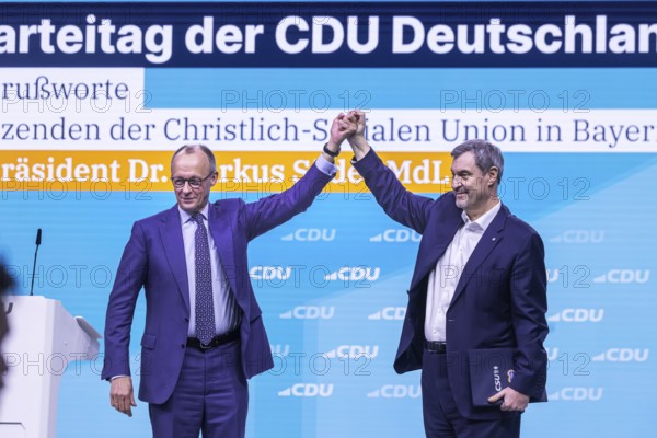 38th Federal Party Congress of the CDU of Germany in Stuttgart. Greetings from Markus Söder, party leader of the sister party CSU and Minister-President of the Free State of Bavaria. Federal Chancellor Friedrich Merz. Stuttgart, Baden-Württemberg, Germany