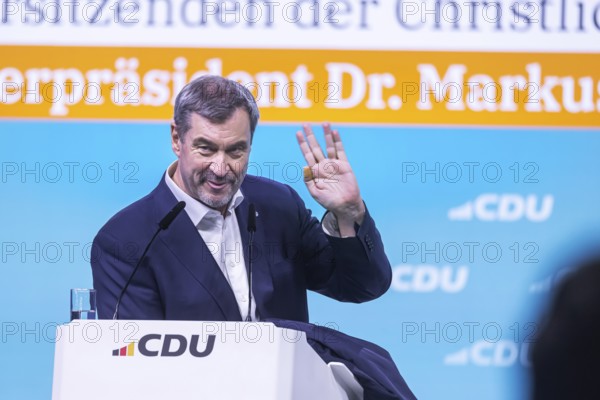 Markus Söder with volcanic greetings from the space series Star Trek. 38th federal party congress of the CDU of Germany in Stuttgart. The Minister-President of the Free State of Bavaria is an avowed fan of the cult series StarTrek. Stuttgart, Baden-Württemberg, Germany