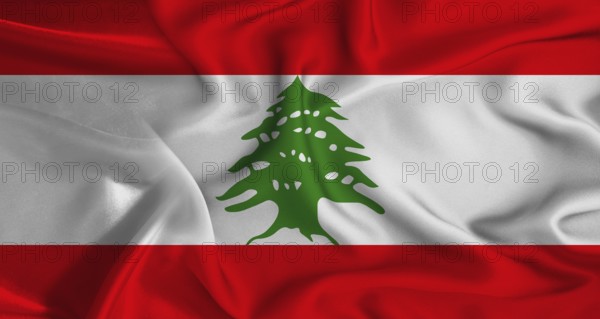Realistic Lebanon flag waving. Close up of flag of Lebanon with cloth texture