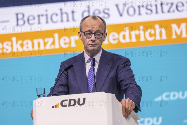 38th Federal Party Congress of the CDU of Germany in Stuttgart. Federal Chancellor Friedrich Merz during his speech to delegates. Stuttgart, Baden-Württemberg, Germany