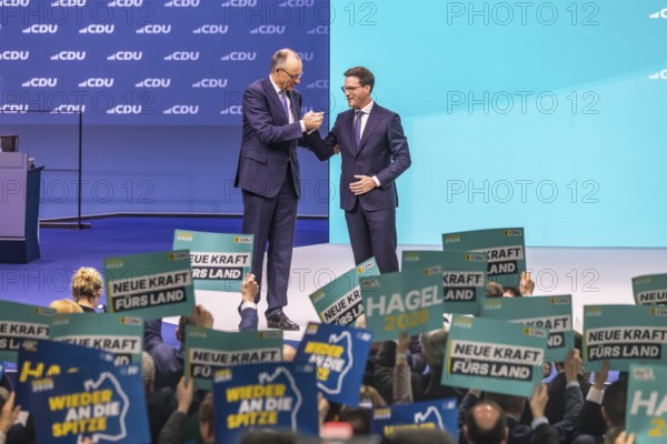 38th Federal Party Conference of the CDU in Stuttgart. Applause for Manuel Hagel after his speech. Congratulations from the Federal Chancellor. Manuel Hagel (MdL, state chairman of the CDU BW, parliamentary group leader in the state parliament of BW, top candidate for the state election in BW 2026. Stuttgart, Baden-Württemberg, Germany