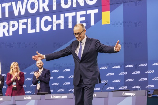 38th Federal Party Congress of the CDU of Germany in Stuttgart. Long applause for Federal Chancellor Friedrich Merz after his speech to delegates. Stuttgart, Baden-Württemberg, Germany