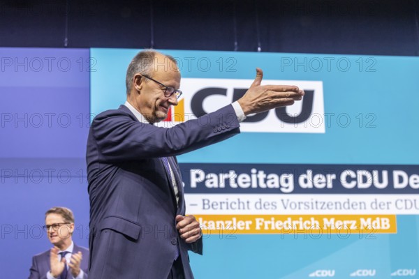 38th Federal Party Congress of the CDU of Germany in Stuttgart. Long applause for Federal Chancellor Friedrich Merz after his speech to delegates. Stuttgart, Baden-Württemberg, Germany