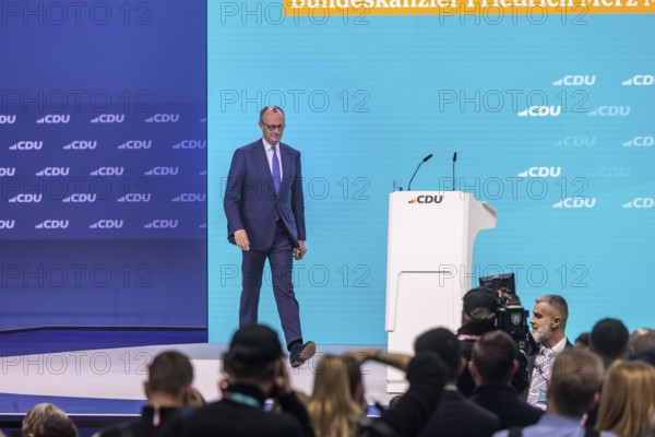 38th Federal Party Congress of the CDU of Germany in Stuttgart. Friedrich Merz steps up to the lectern. Stuttgart, Baden-Württemberg, Germany