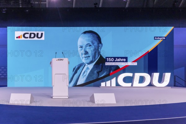 38th party congress of the CDU of Germany in Stuttgart. Federal Chancellor Friedrich Merz was re-elected as head of the CDU with 91.2 percent. Empty stage with the memory of Konrad Adenauer. Stuttgart, Baden-Württemberg, Germany
