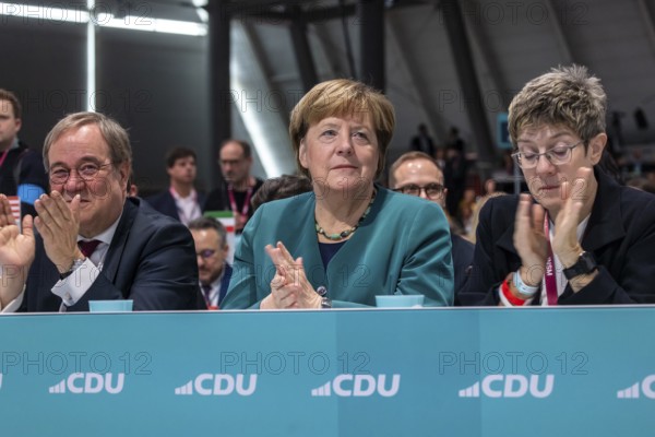 38th Federal Party Congress of the CDU of Germany in Stuttgart. Armin Laschet, Angela Merkel, Annegret Kramp-Karrenbauer. Stuttgart, Baden-Württemberg, Germany