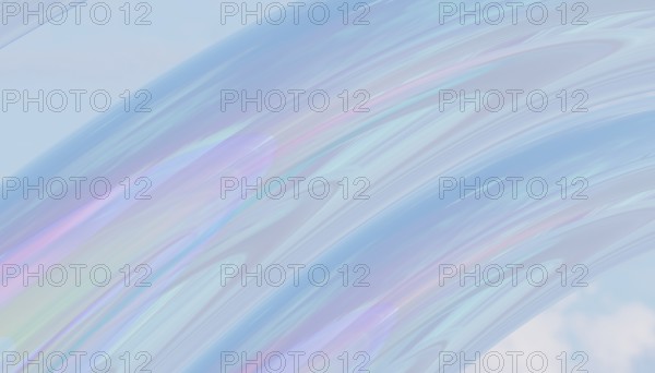 A beautiful abstract image featuring an iridescent wave with pastel colors flowing across a light blue, cloudy sky This ethereal design conveys a sense of calm and wonder