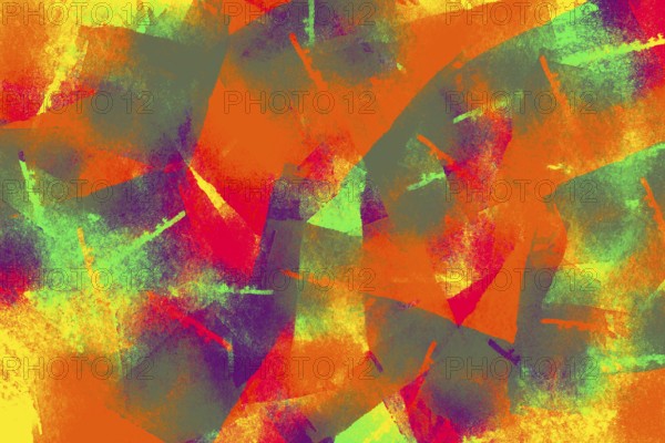 Vibrant abstract background showcasing an explosion of orange, green, and red hues with textured brushstrokes. Ideal for visually striking projects