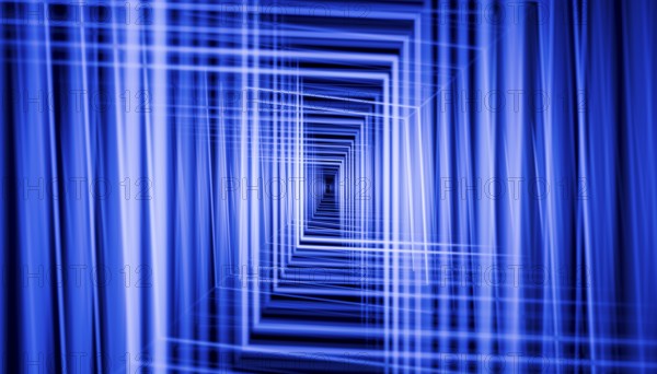 This 3D render features a striking blue tunnel illusion, created by overlapping grids that form a deep, perspective-driven corridor