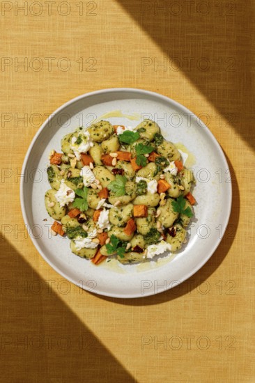 Top view of a gourmet dish featuring Italian gnocchi dressed with green pesto sauce, sprinkled with parmesan cheese, walnuts, and herbs. The plate also includes roasted carrots and dollops of creamy cheese, creating a vibrant and appetizing meal
