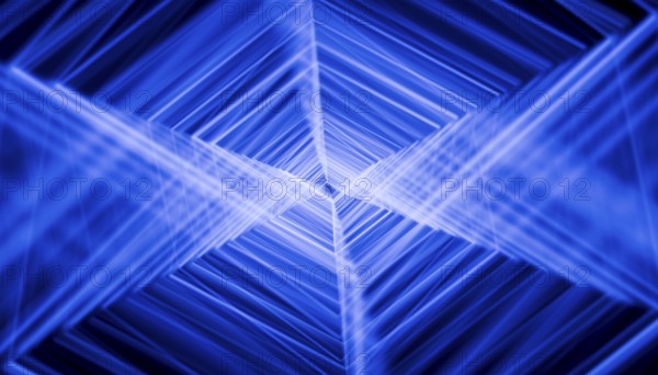 This image features a striking blue-toned 3D render depicting abstract geometrical shapes converging towards a central point, creating a sense of depth and movement