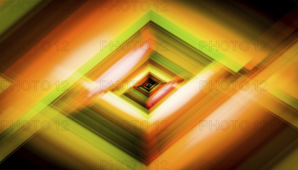 This digital artwork features a 3D render of a geometric tunnel with vibrant, blurred colors that create a dynamic sense of movement and depth
