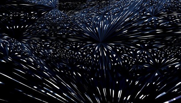 This striking 3D render features a complex interplay of geometric patterns dominated by shades of blue. The abstract visual creates an illusion of depth and movement