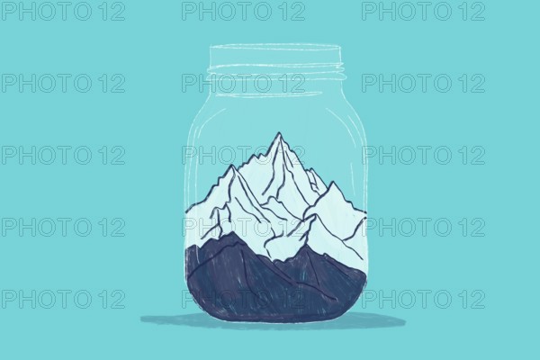 A whimsical illustration of majestic snow capped mountains encased within a glass jar against a teal background. This imaginative artwork symbolizes adventure and encapsulation