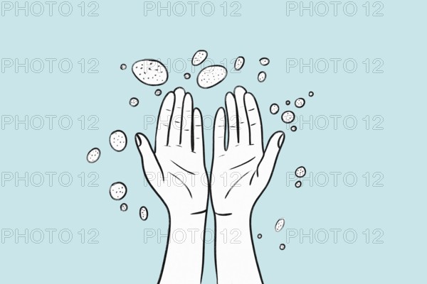 A health-themed illustration depicting two hands surrounded by germs on a light blue background This image emphasizes hygiene and cleanliness in a simple, artistic style
