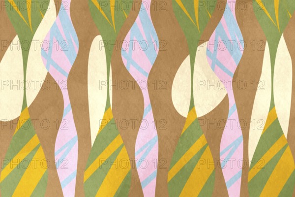A seamless abstract background featuring a stylized pattern with wavy shapes in pink, green, yellow, and white hues, evoking a vibrant and modern aesthetic