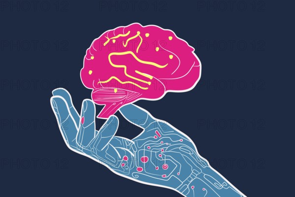A vibrant illustration depicting a robotic hand holding a human brain, symbolizing the synergy between technology and human intelligence The colorful lines and digital elements convey innovation and future possibilities
