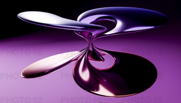 An intriguing 3D-rendered image featuring abstract liquid shapes intertwined, highlighted by a vibrant purple backdrop. The shapes' reflective surfaces create an illusion of depth and movement
