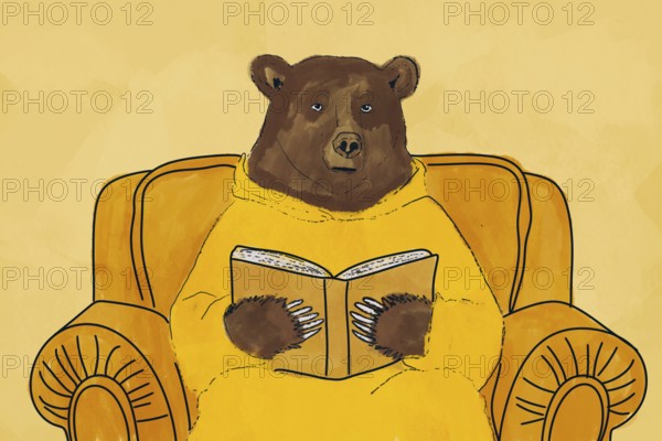 A charming illustration of a bear engrossed in a book while seated in a comfortable yellow armchair