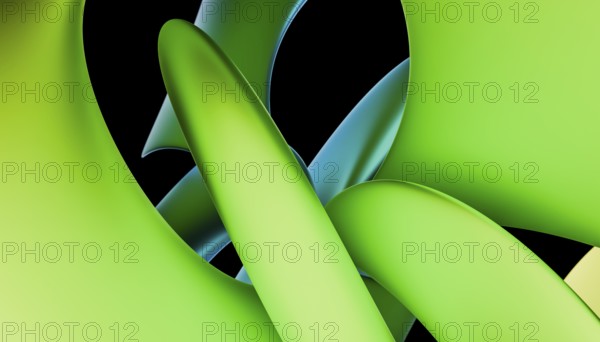 An abstract graphic featuring smooth, curvilinear forms in shades of green and lime, set against a soft gradient background with a modern, sleek finish