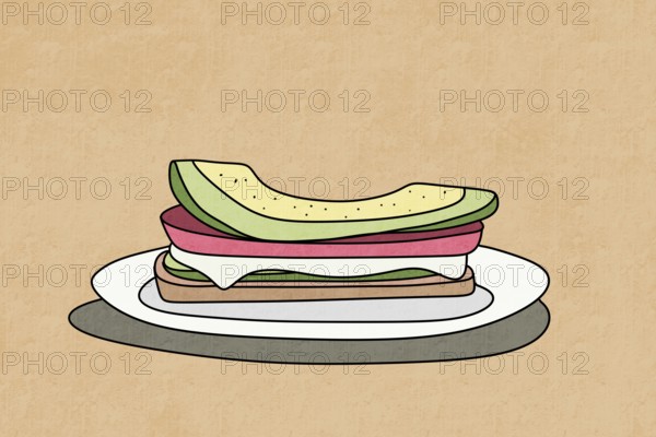 A colorful illustration featuring a sandwich with avocado, tomato, and cheese slices on a plate This minimalist yet striking design emphasizes fresh ingredients and artistic flair