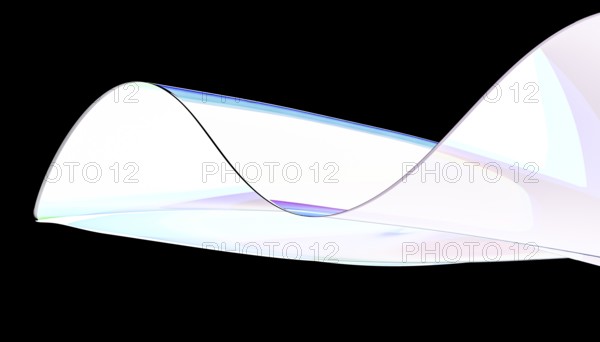 A fluid, glass wave form gracefully curves across a black background. The smooth, translucent surface reflects a spectrum of colors, creating a modern, ethereal effect