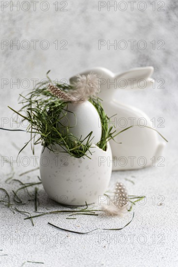 Featuring a softly textured Easter egg nestled in vibrant green grass, adorned with a delicate feather and positioned beside a ceramic white bunny. This elegant setup captures the joy and renewal symbolized by the Easter holiday