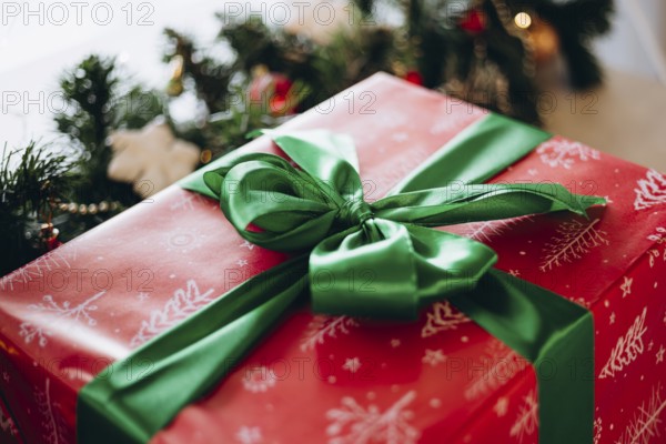 A beautifully wrapped Christmas gift in red paper with white snowflake designs, topped with a luxurious green ribbon Festive greenery and lights create a warm holiday atmosphere