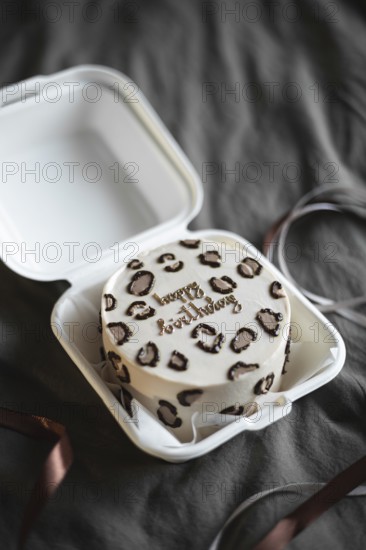 Stylish bento birthday cake with leopard print and golden lettering, neatly presented in a white takeout box on a textured gray background
