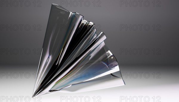 A captivating abstract sculpture crafted from glass, showcasing intricate folds and dynamic reflections. The elegant interplay of light and shadow creates a mesmerizing visual experience