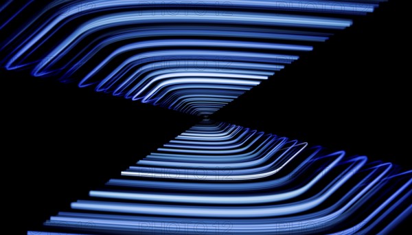 This is a captivating 3D render featuring symmetrical blue glowing lines that fold into a dark abyss, creating an intriguing abstract visual