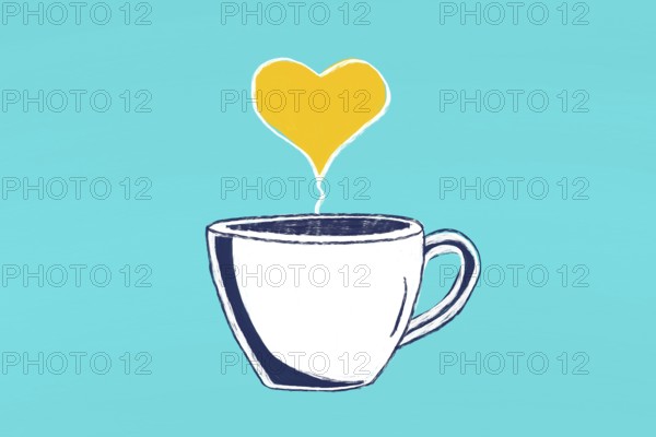 A delightful illustration of a coffee cup on a turquoise background, featuring heart shaped steam rising above. Perfect for symbolized warmth, love, and morning joy