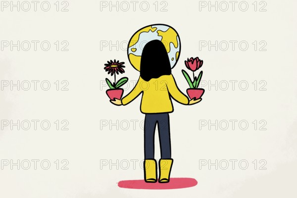 A whimsical illustration of a woman with a globe head, standing with arms outstretched, holding a flower in each hand Her bright attire contrasts with the simple background