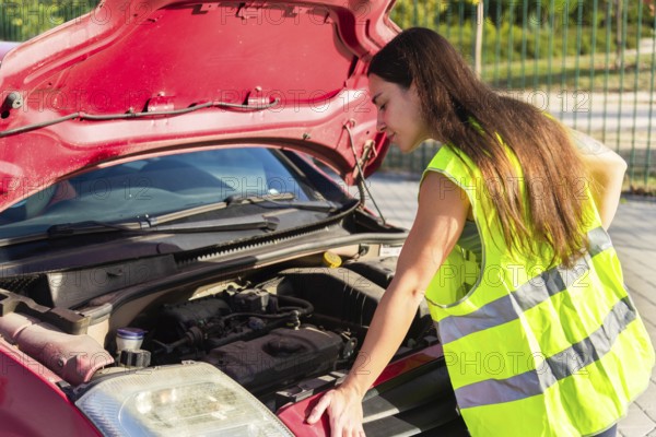 A woman in a reflective safety vest inspects a car engine by the roadside, with the hood open, suggesting a breakdown or accident situation The sun casts shadows on the vehicle