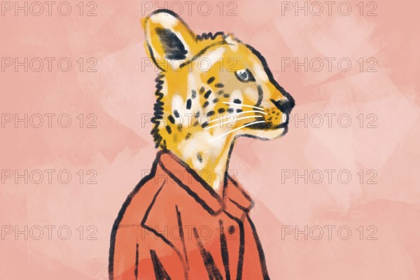 A whimsical illustration of a cheetah wearing a stylish red jacket, set against a soft pink background. This artistic portrayal blends wildlife with fashion elements