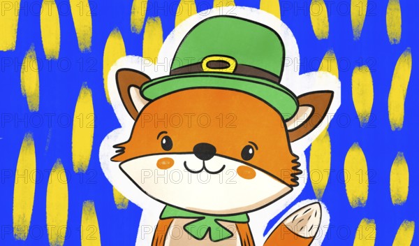 A vibrant illustration of a cartoon fox dressed in a green hat and bow tie for Saint Patrick's Day, set against a background of bold yellow shapes