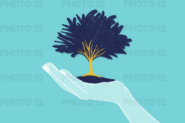 Artistic illustration of a hand gently holding a tree, symbolizing growth, nature, and nurturing. The vibrant colors emphasize a sense of hope and environmental stewardship