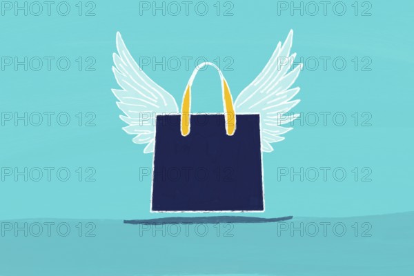 A whimsical illustration of a shopping bag with wings, symbolizing fast delivery and express shipping. The bright colors and playful design convey speed and efficiency