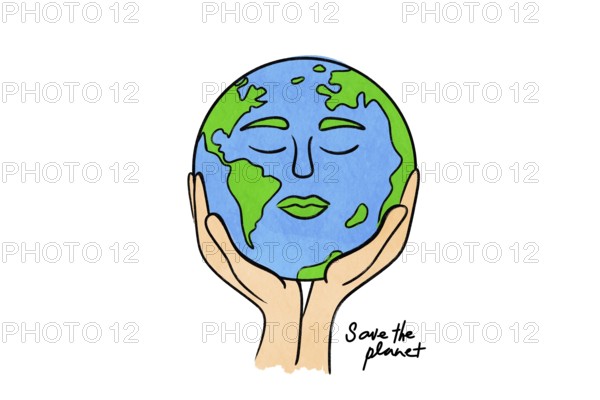 A vibrant illustration of Earth with a face, cradled in hands, symbolizing care and environmental responsibility, with Save the Planet written below